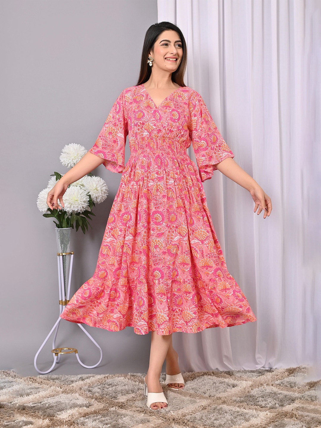 

VYMO Print Bell Sleeve Fit & Flare Dress, Multi