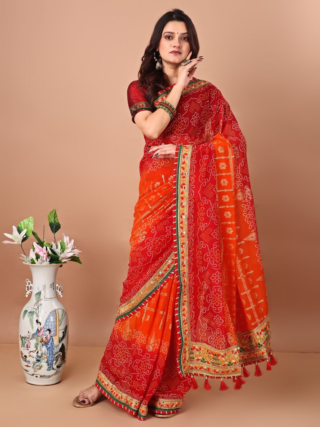 

DIVASTRI Bandhani Gotta Patti Poly Georgette Designer Bandhani Saree, Orange