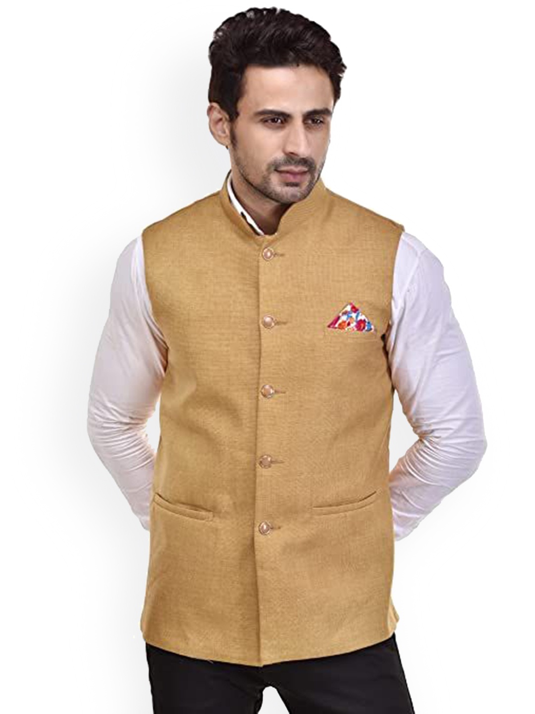

Seetoo Woven Design Nehru Jackets, Gold