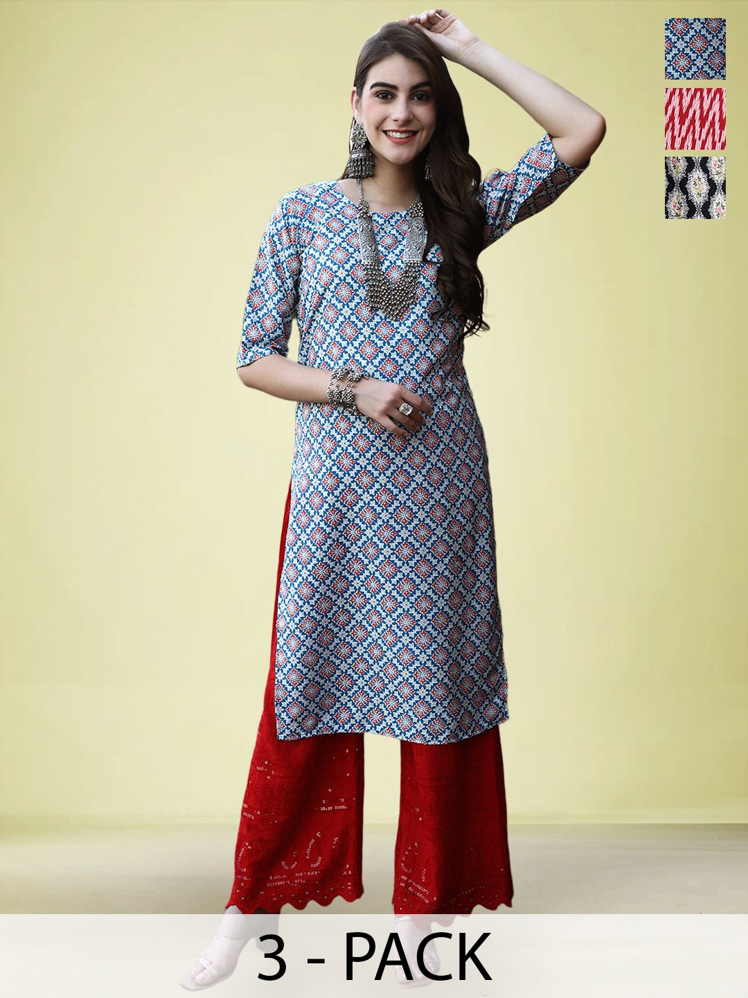 

Moda Rapido Selection Of 3 Geometric Printed Round Neck Straight Kurtas, Blue
