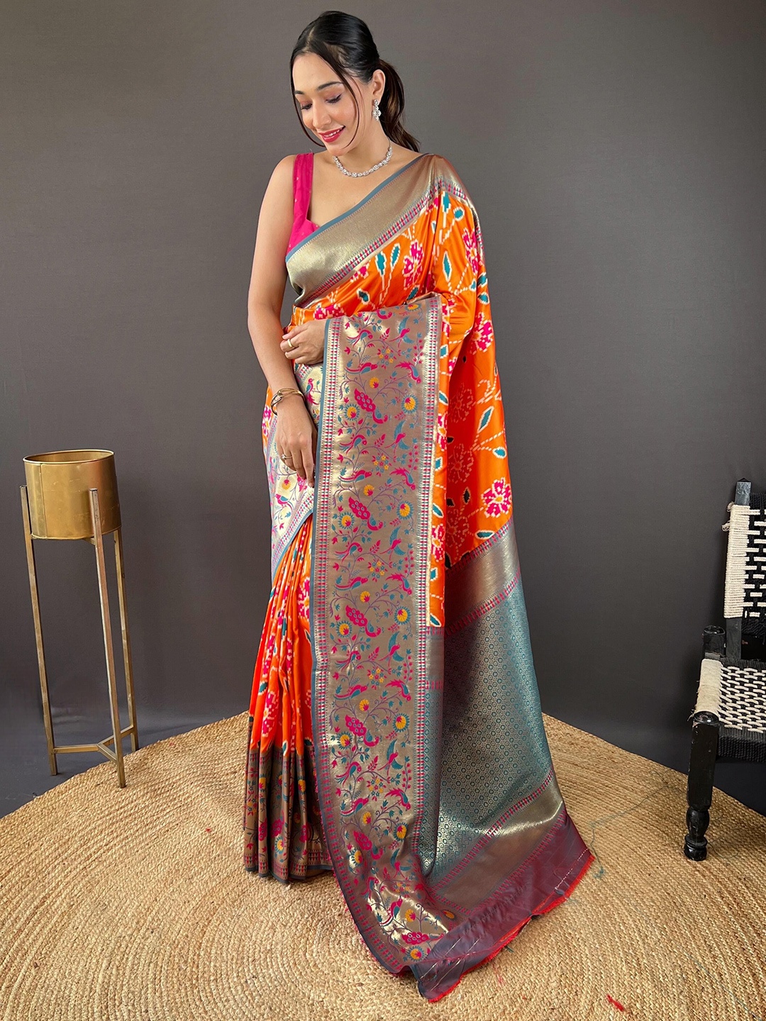 

DEVATITHI Ethnic Motifs Zari Orange Silk Saree