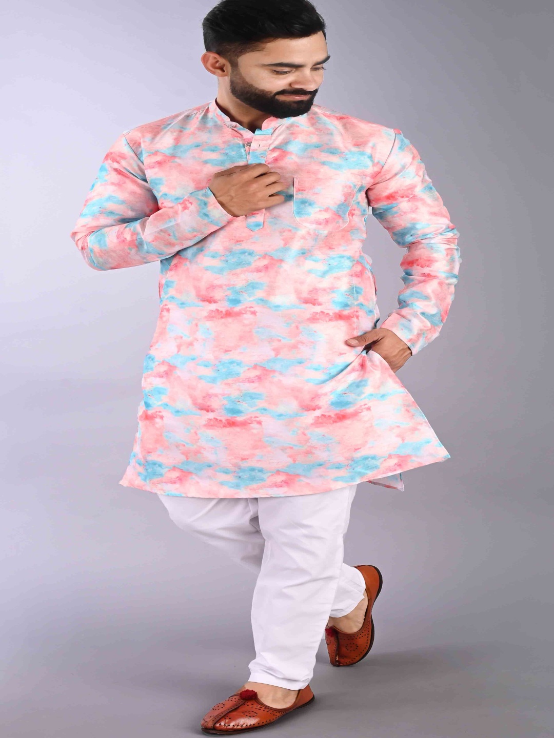 

PulseIQ Men Printed Regular Kurta with Pyjamas, Orange
