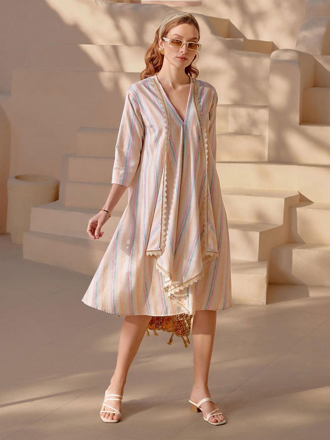 

HOUSE OF FETT Striped Ruffled A-Line Midi Dress, Multi
