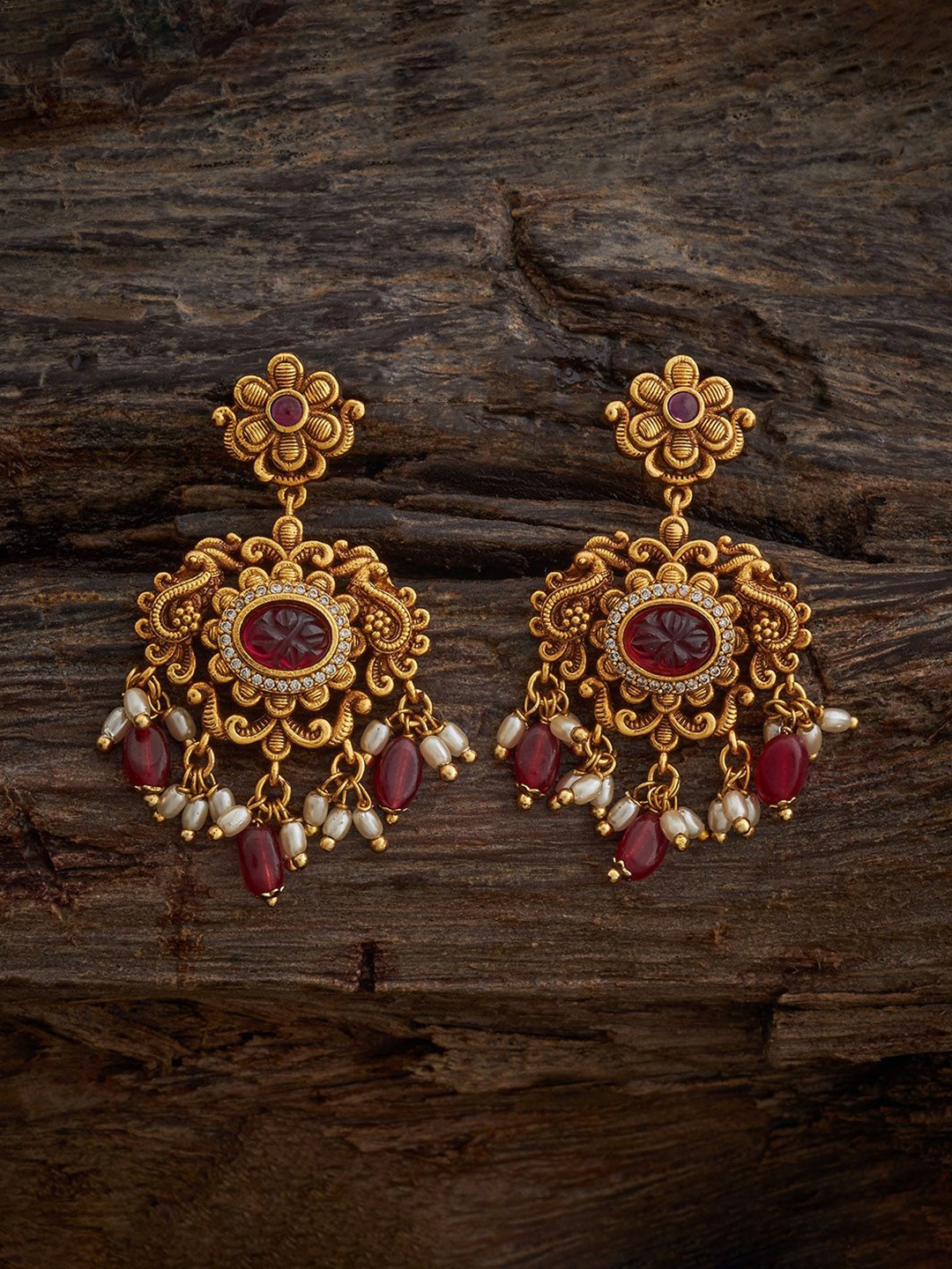 

Kushal's Fashion Jewellery Ruby Gold-Plated Ethnic Antique Floral Drop Earrings