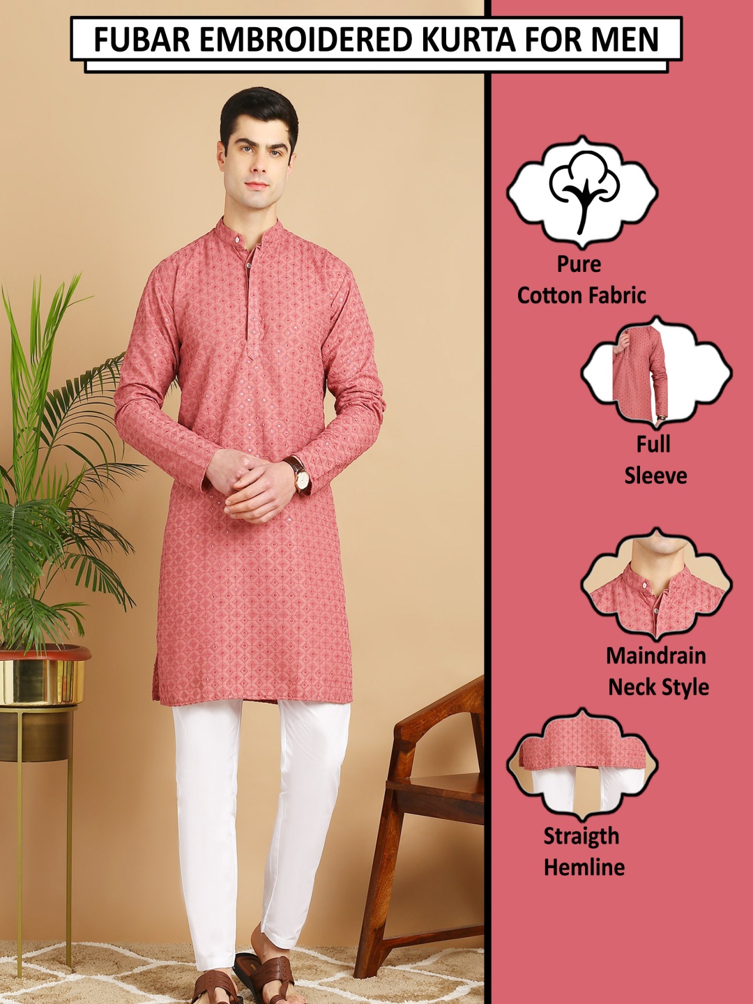 

PulseIQ Men Embroidered Regular Kurta with Pyjamas, Pink