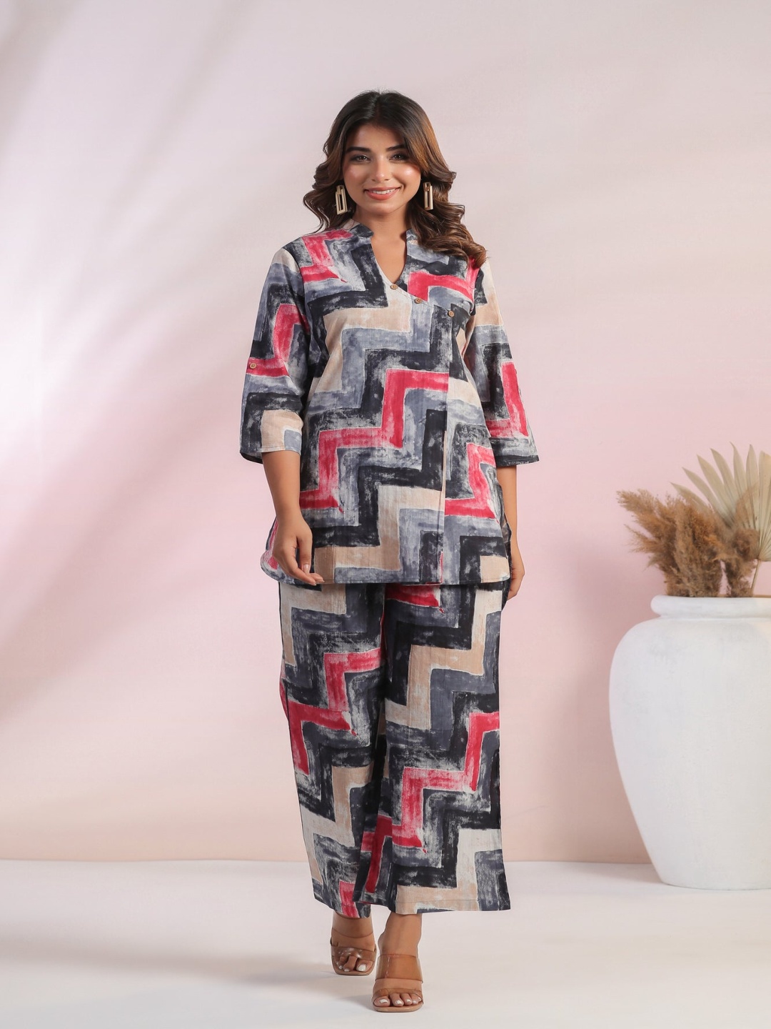 

Moda Rapido Mandarin Collar Tunic With Palazzos, Grey