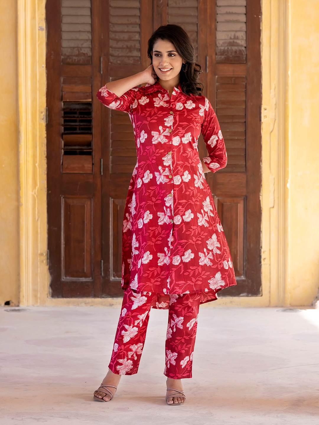 

KALINI Floral Printed Shirt Collar Panelled High-Low Pure Cotton A-Line Kurta With Trouser, Pink