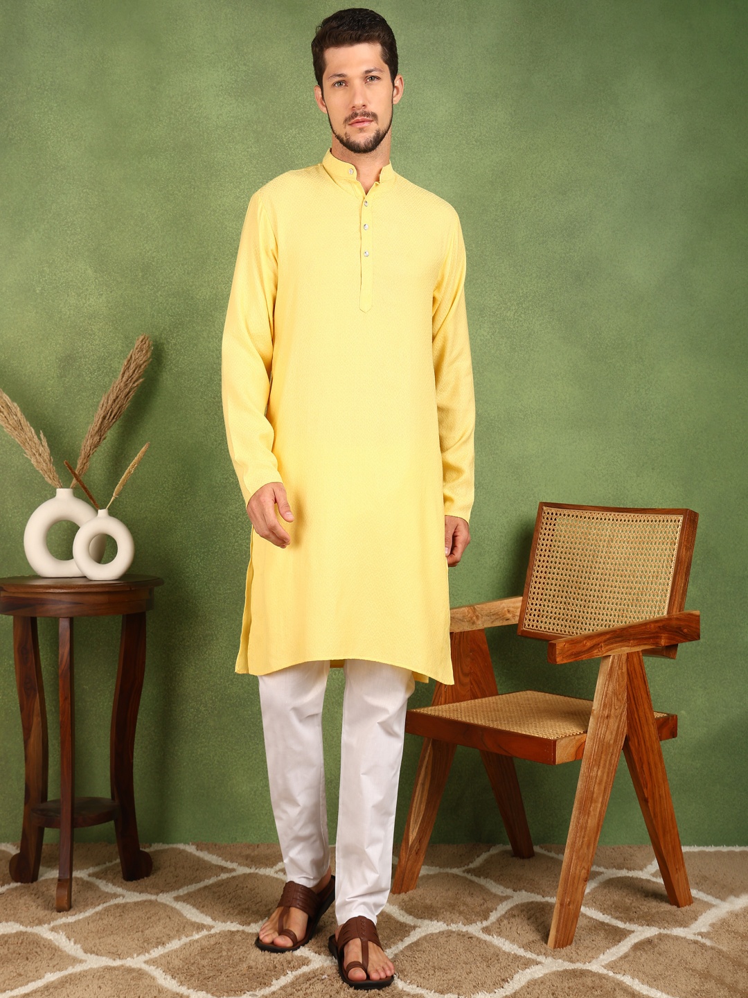 

PulseIQ Men Regular Kurta with Pyjamas, Yellow
