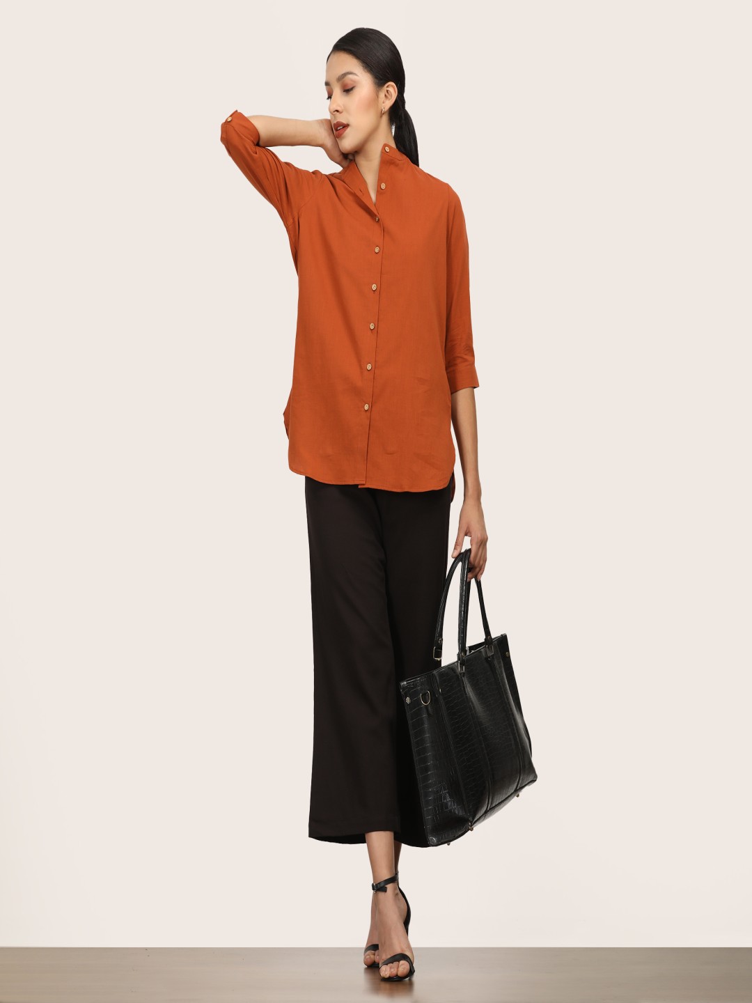 

Saltpetre Band Collar Roll-Up Sleeves Organic Cotton Shirt With Trousers, Orange