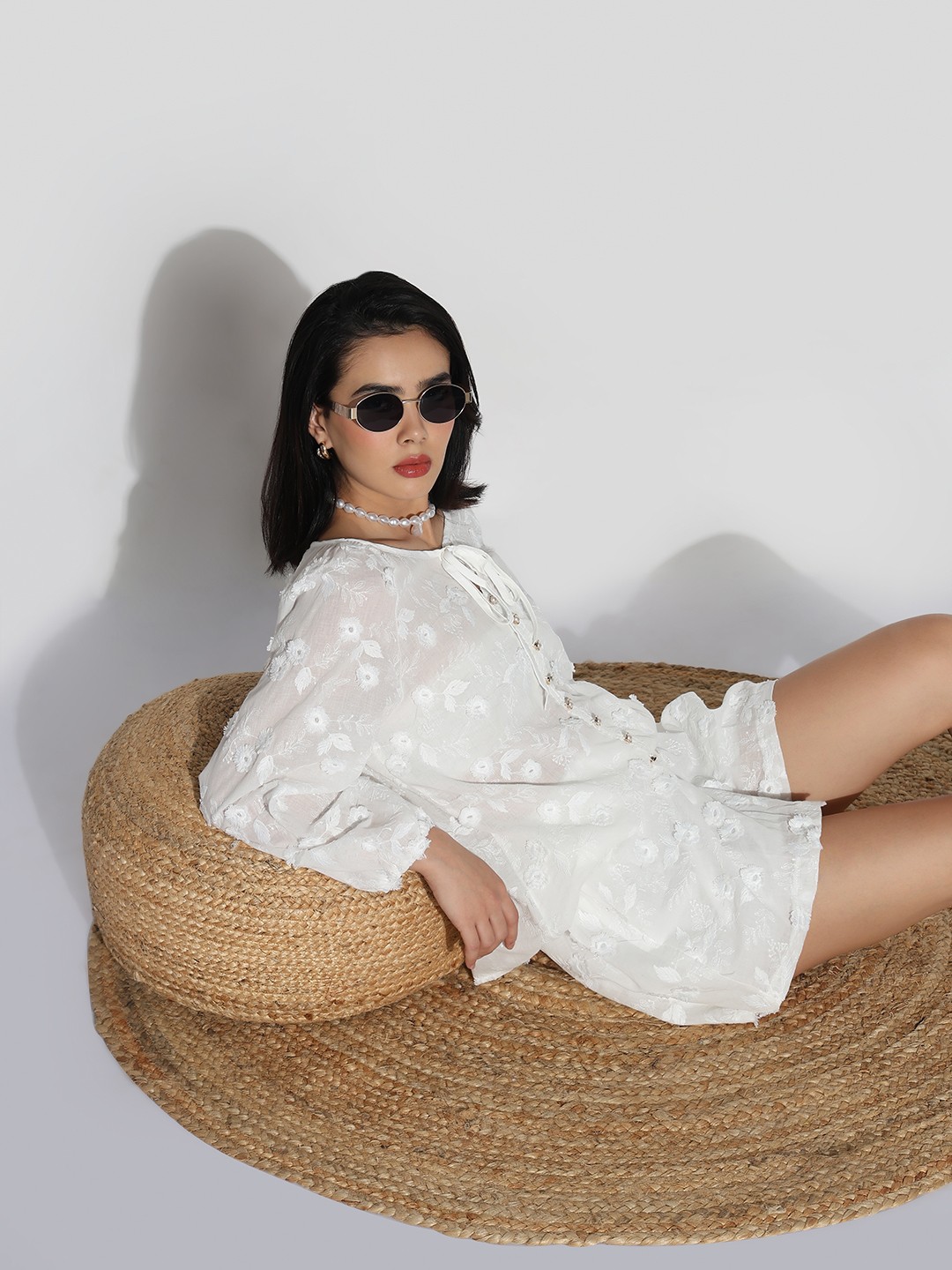 

SHOWOFF Embroidered Round Neck Top With Shorts, White