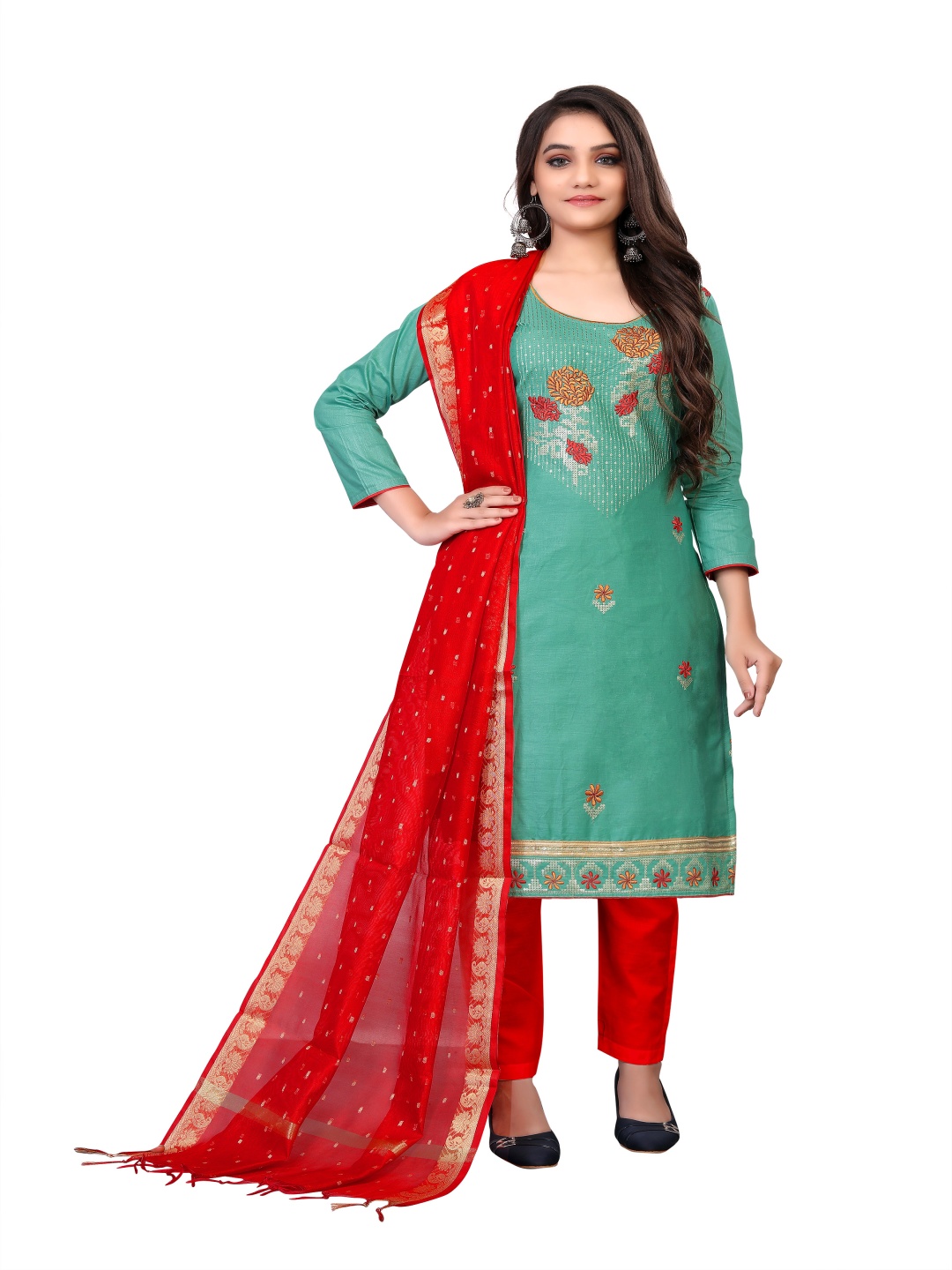 

HERE&NOW Floral Embroidered Thread Work Unstitched Dress Material, Green