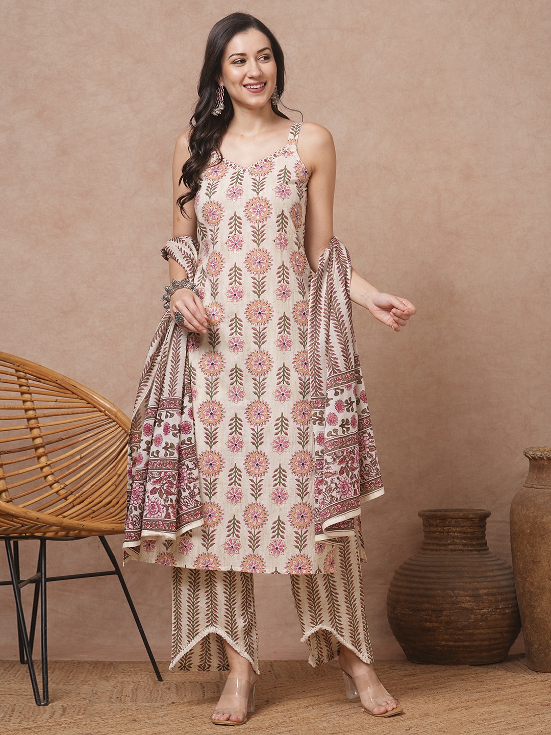 

FASHOR Women Ethnic Motifs Printed Regular Mirror Work Pure Cotton Kurta with Palazzos & With Dupatta, Cream