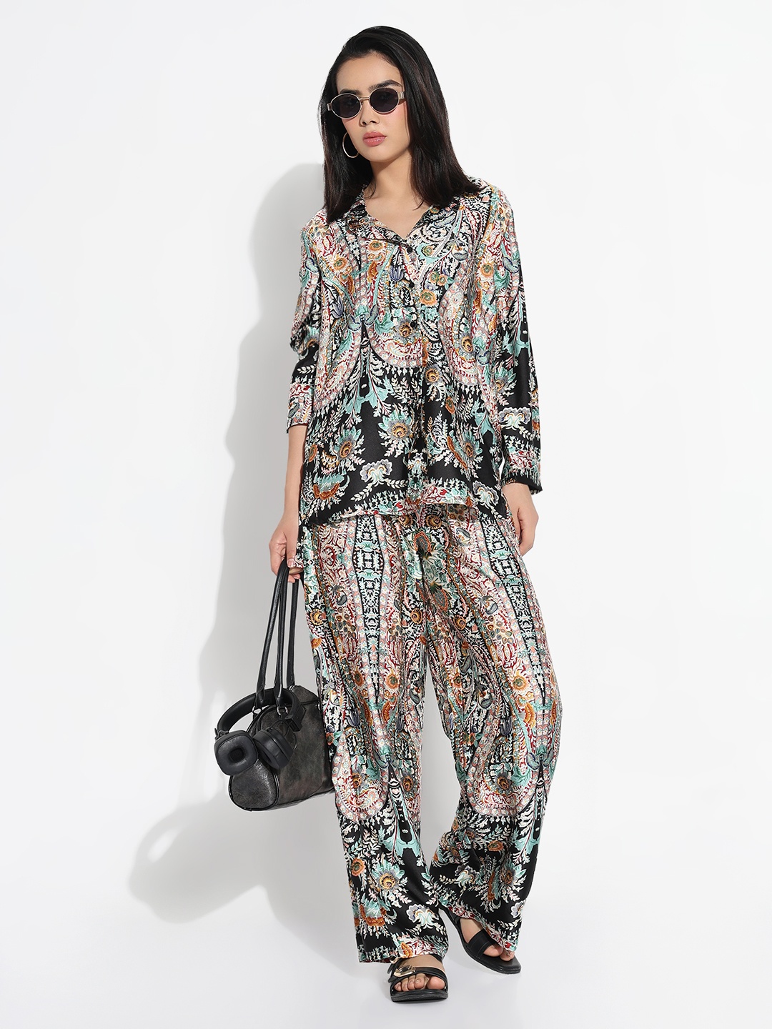 

SHOWOFF Printed Shirt With Palazzos, Grey