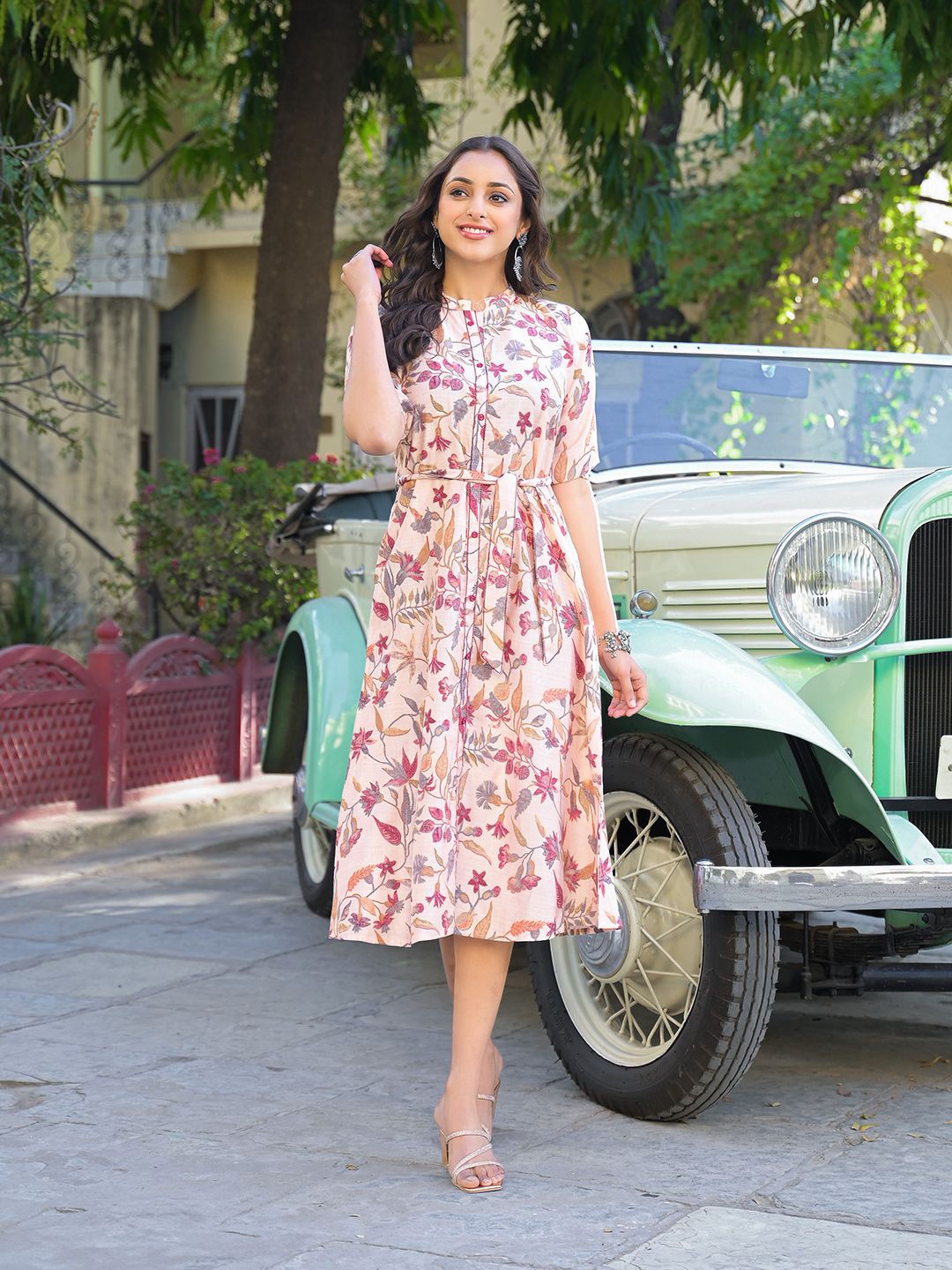 

Peachmode Floral Print Shirt Midi Dress, Peach