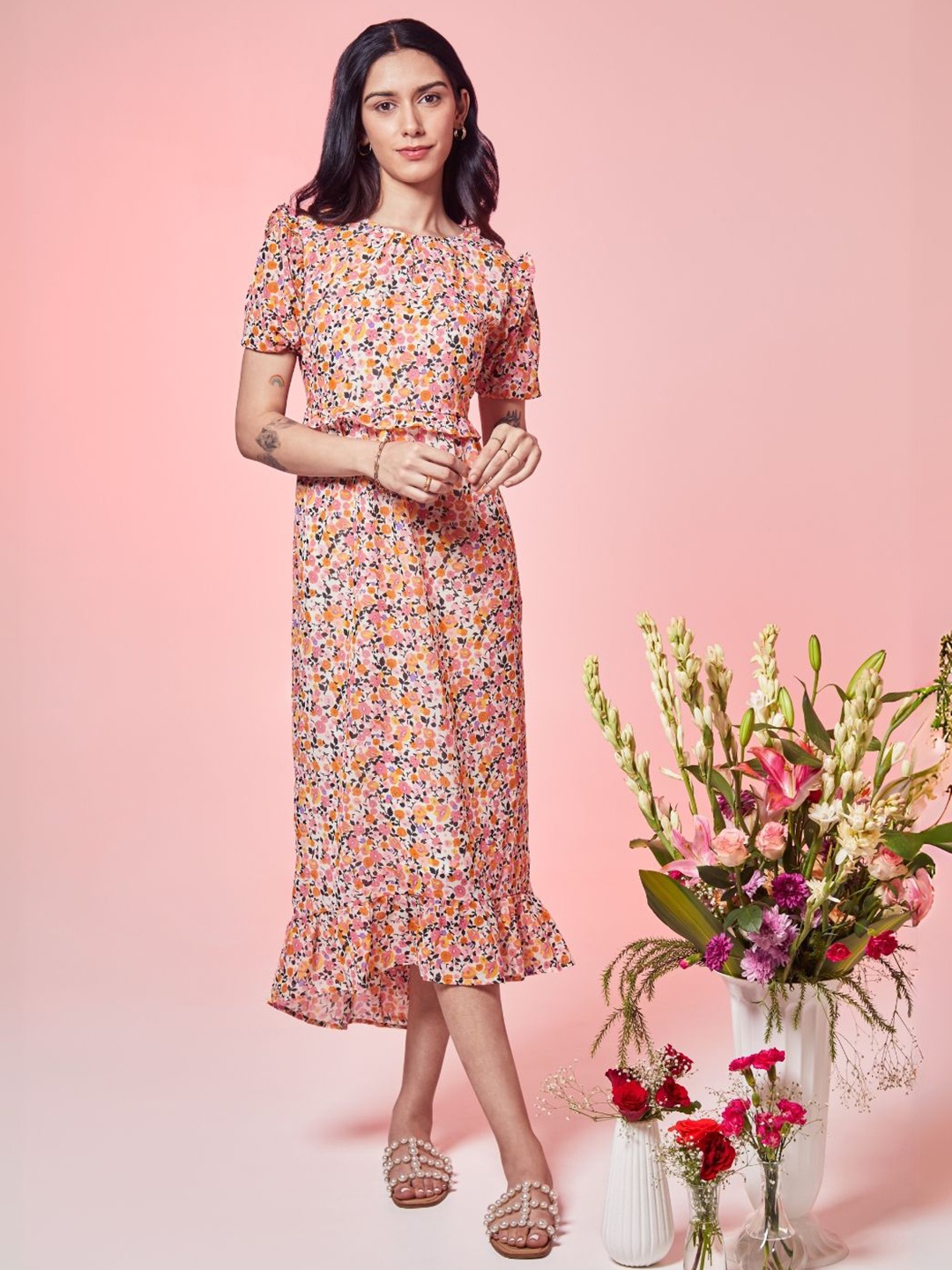 

Prose Stories Floral Print Puff Sleeve Ruffled Chiffon Fit & Flare Dress, Multi