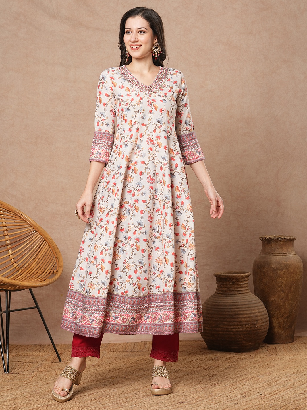 

FASHOR Women Ethnic Motifs Printed Kurta, Off white