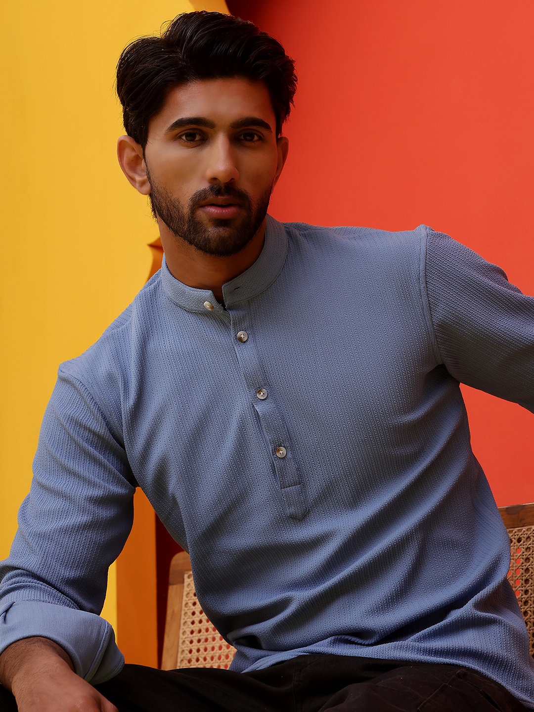 

Jompers Striped Band Collar Long Roll-Up Sleeves Straight Kurta, Blue