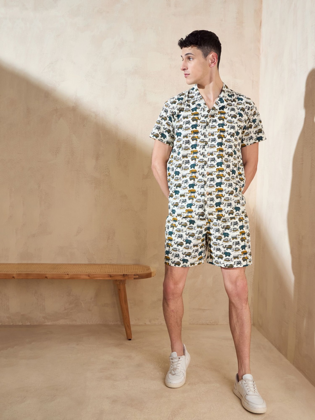 

DENNISON Conversasional Printed Pure Cotton Lapel Collar Shirt With Shorts, Cream