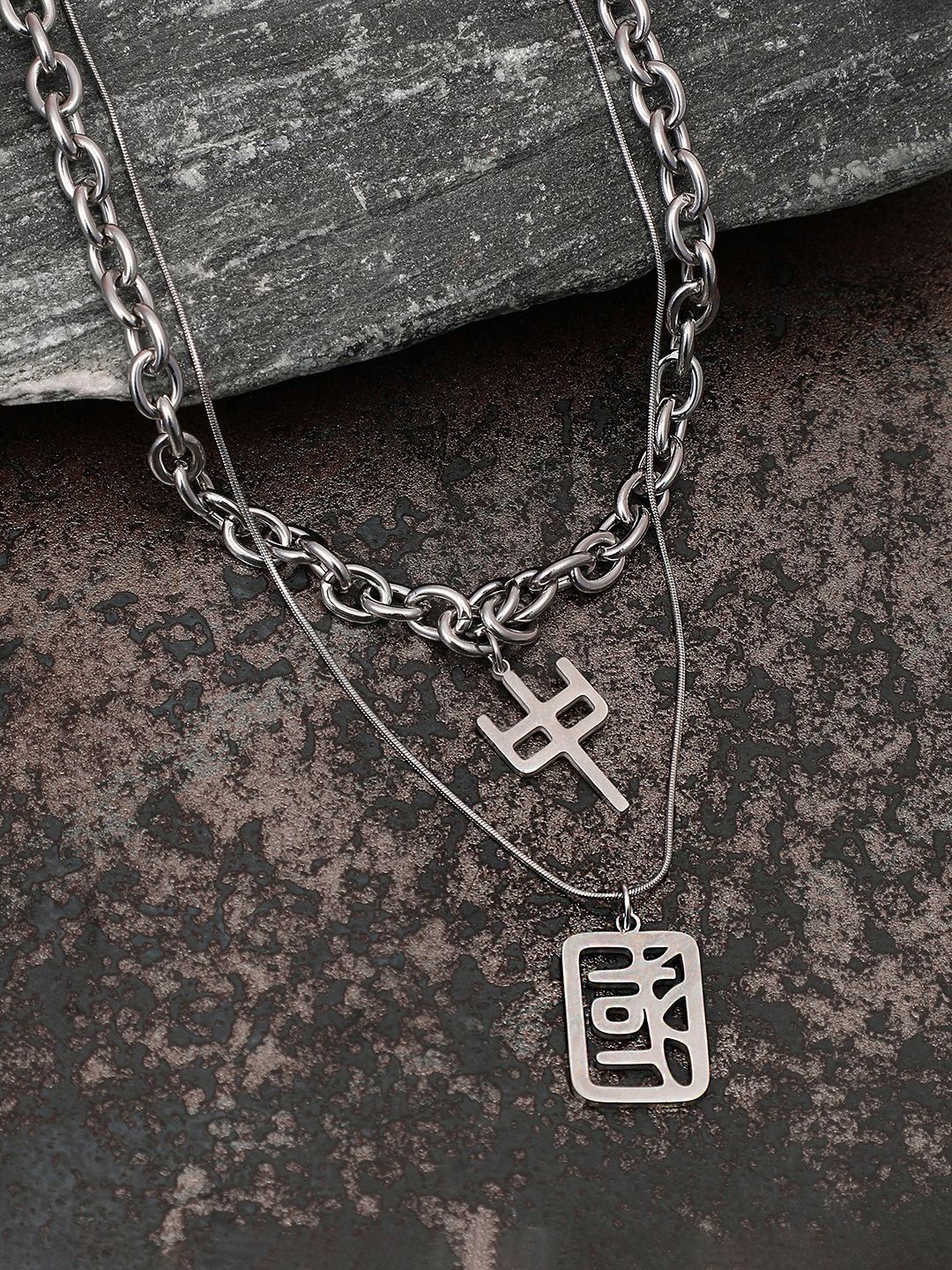 

French Accent Men Silver-Plated Oriental Minimal Pendant With Chain
