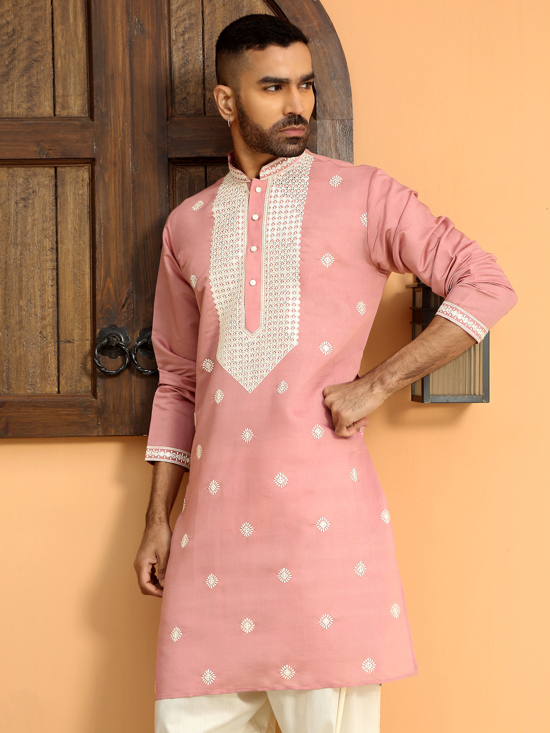 

KRAFT INDIA LUXE Ethnic Motifs Yoke Design Mandarin Collar Kurta, Pink