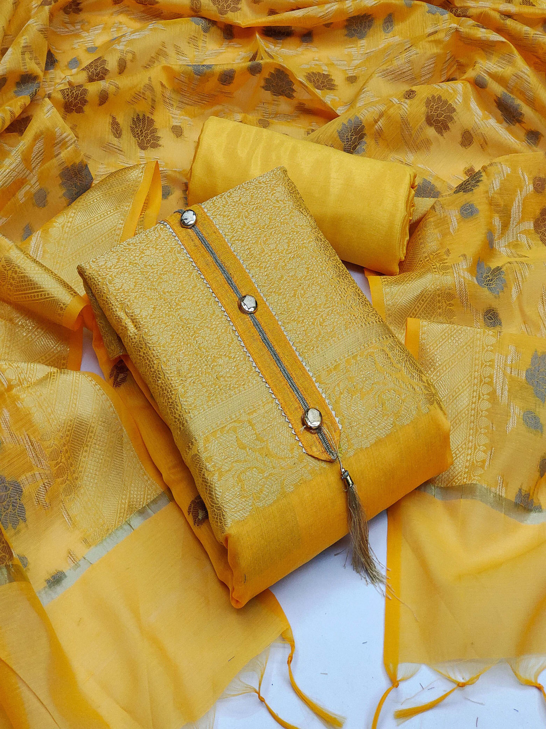

HERE&NOW Floral Woven Design Banarasi Unstitched Dress Material, Yellow