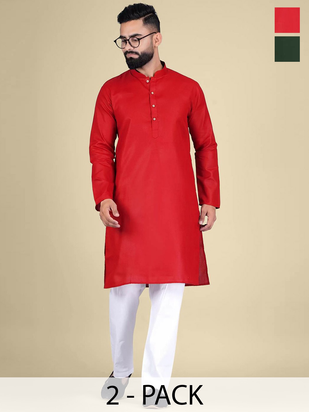 

Moda Rapido Selection Of 2 Mandarin Collar Straight Kurtas, Red