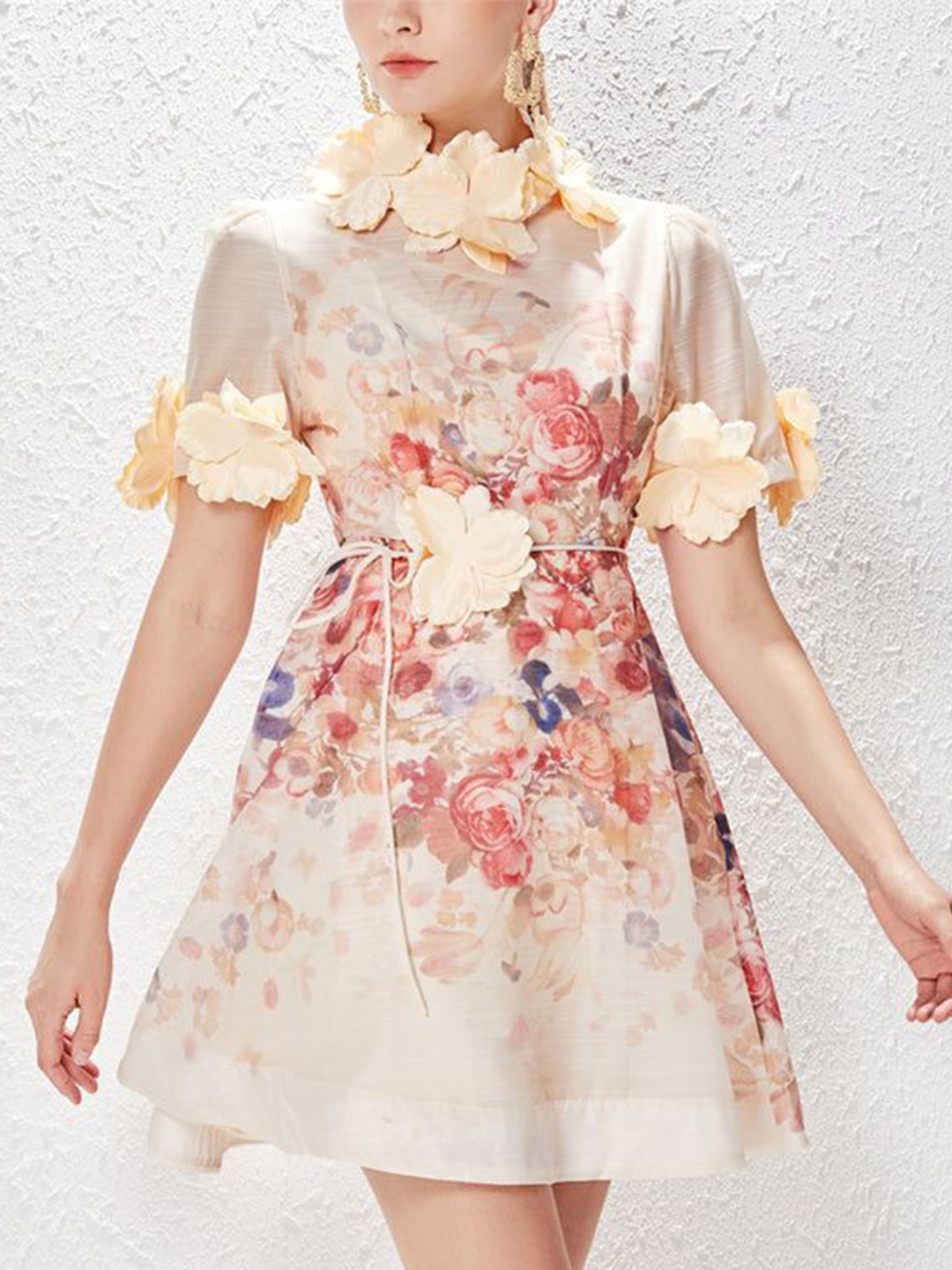

PANKH Floral Print Chiffon A-Line Mini Dress, Beige