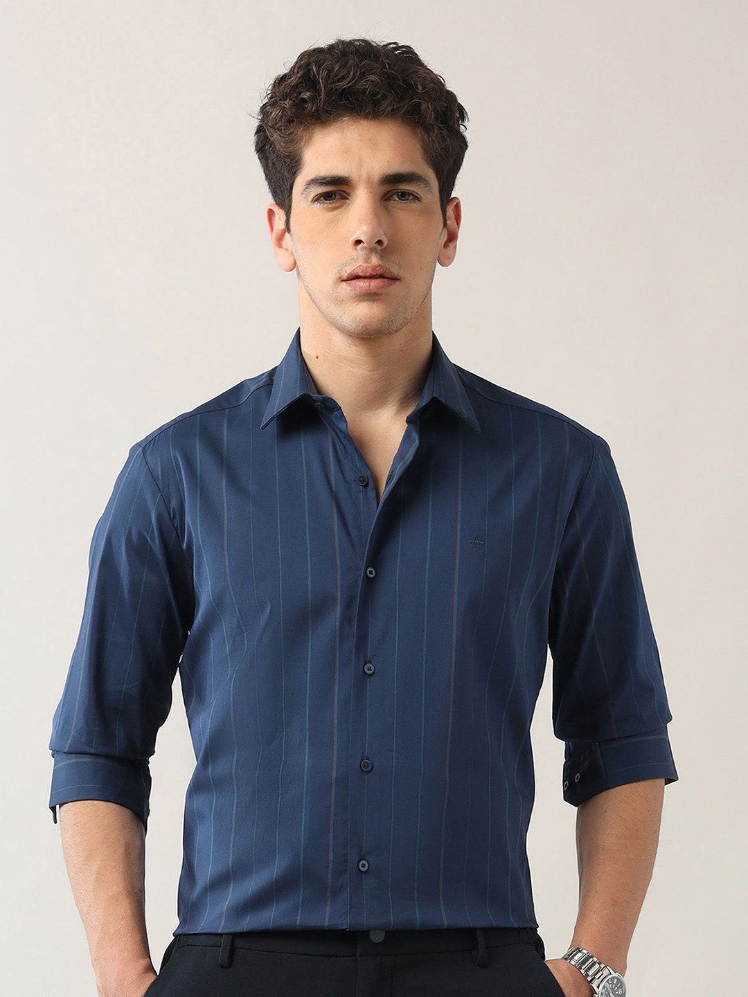 

Arrow New York Men Slim Fit Opaque Striped Formal Shirt, Blue