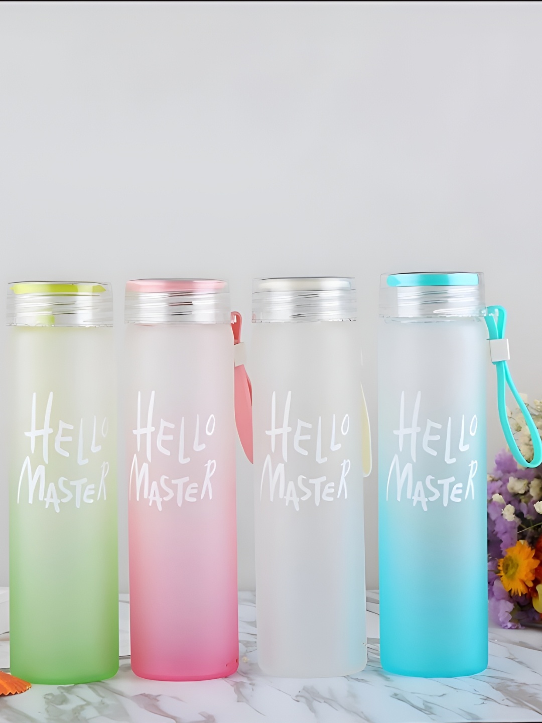 

WELOUR Pink & Blue 4 Pieces Brand Logo Printed Glass Water Bottle - 350 ml