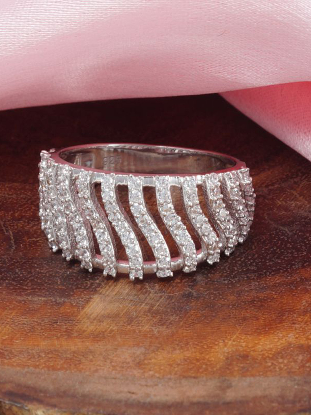 

Tuanz Silver Jewelry 925 Sterling Silver Rhodium-Plated Cubic Zirconia-Studded Finger Ring