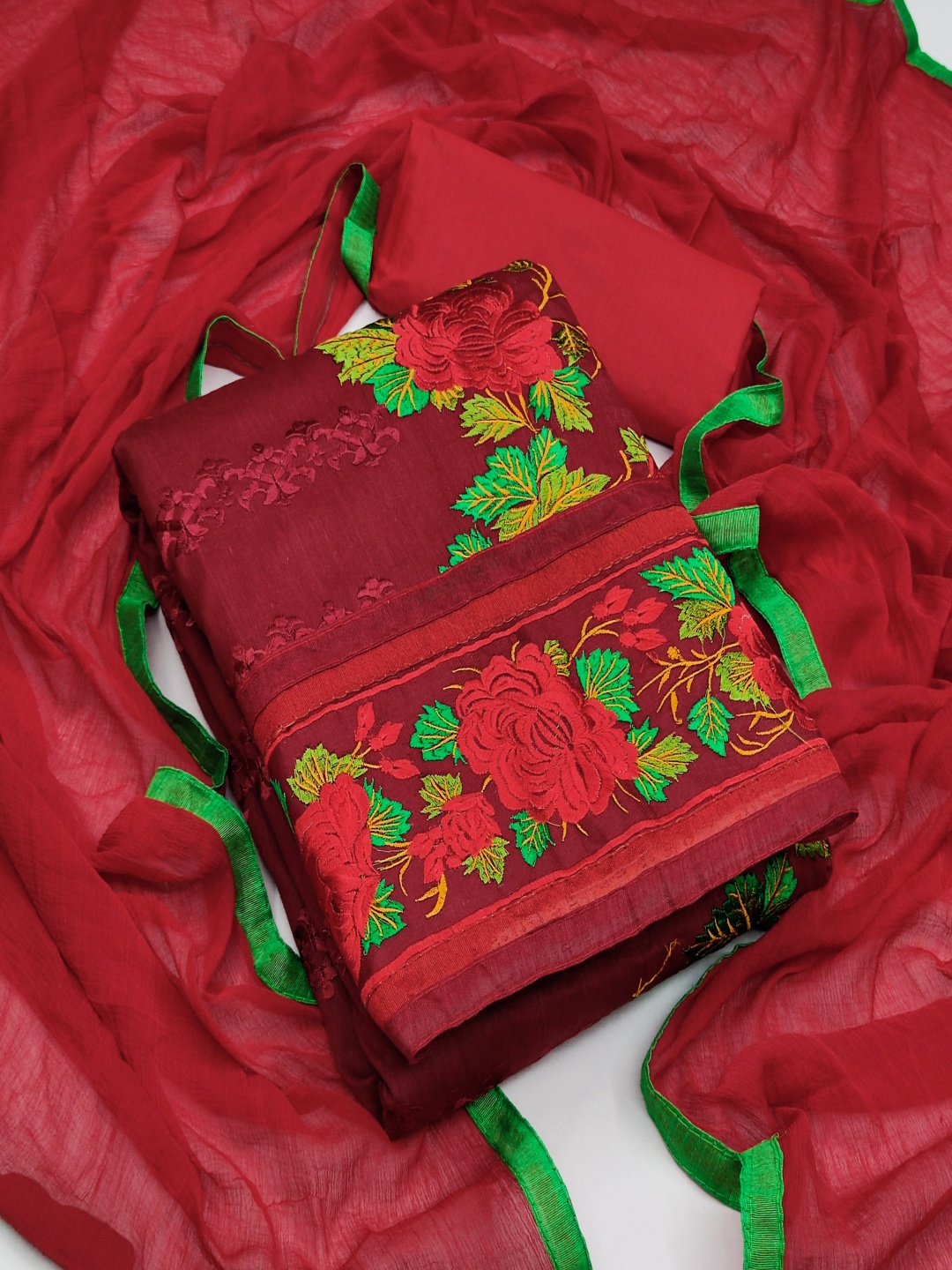 

HERE&NOW Floral Embroidered Thread Work Unstitched Dress Material, Maroon