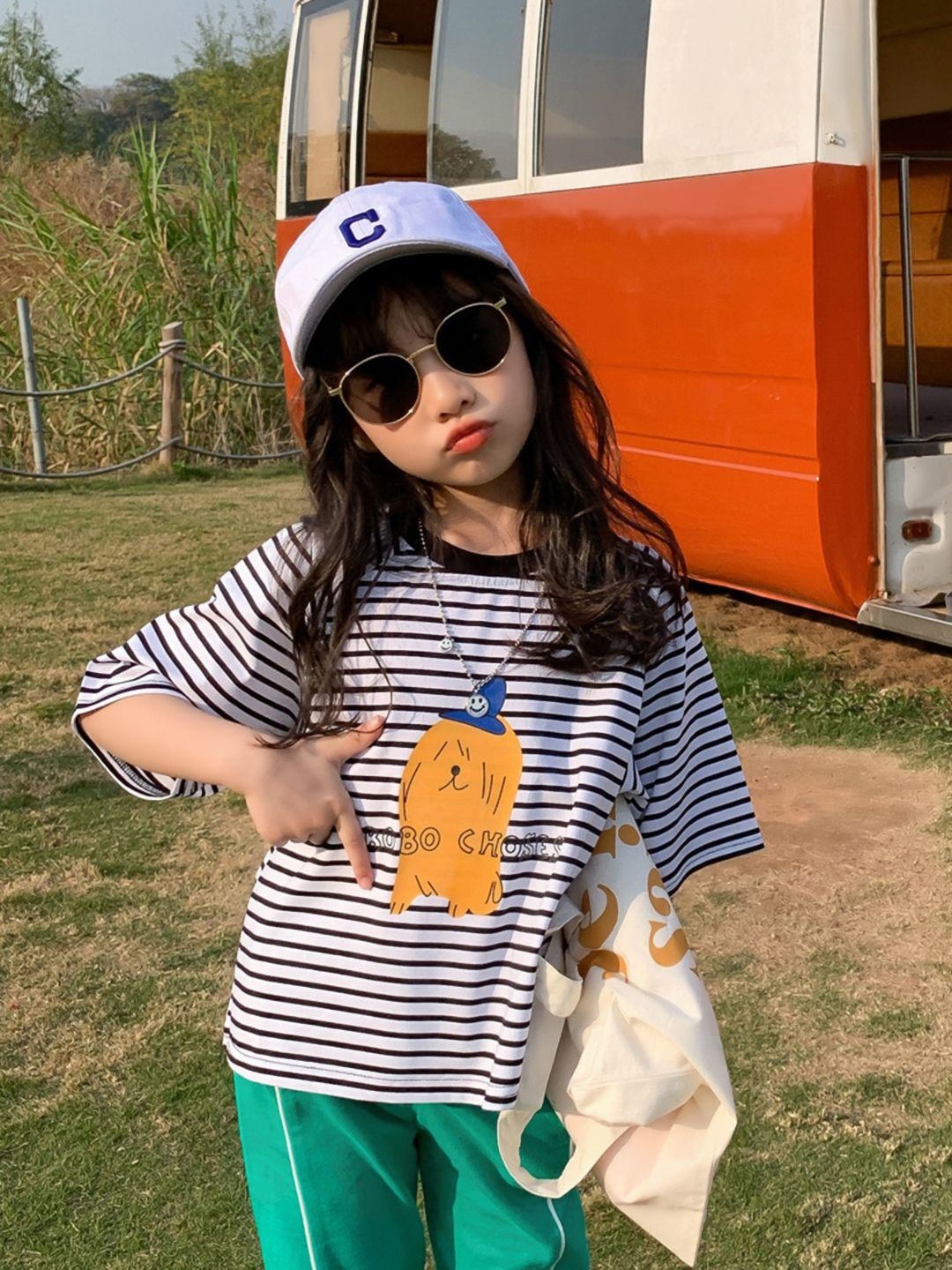 

YK Girls Striped Polo Collar Pockets T-shirt, White