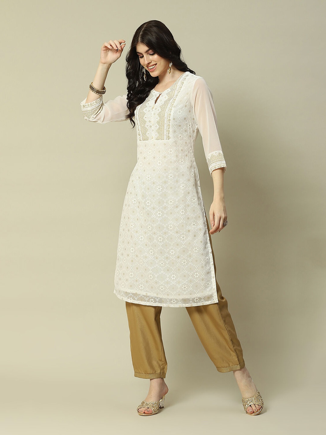 

Rangriti Geometric Embroidered Sequinned Keyhole Neck Georgette Straight Kurta, White