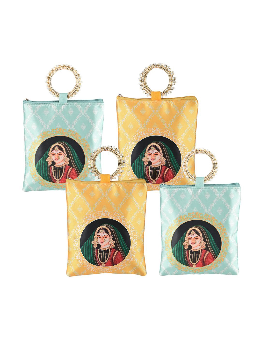

Kuber Industries 4 Pcs Silk Hand Bags for Women Printed Shopper Tote Bag, Green
