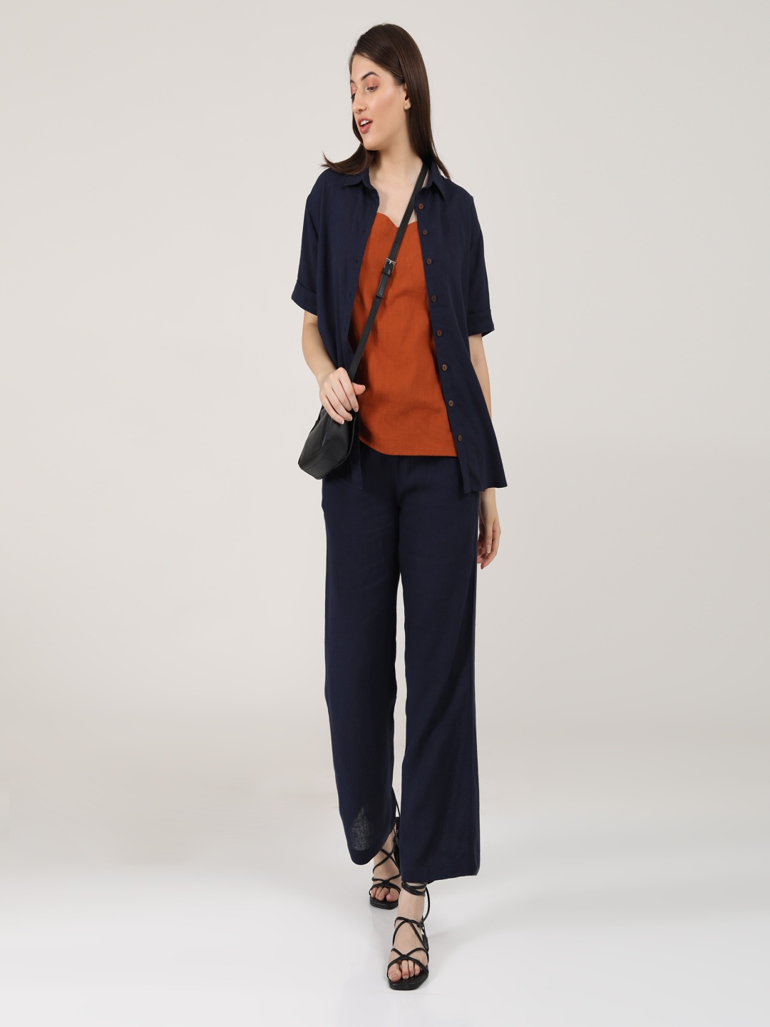 

Saltpetre Women Navy Overlay Shirt With Orange Slip Top & Pant Co-Ord Set, Navy blue