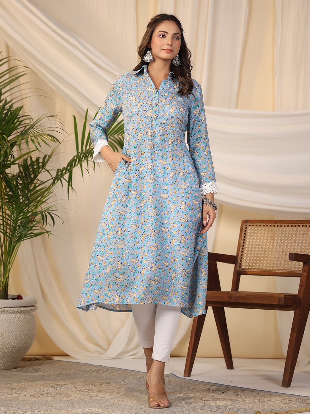 

Meena Bazaar Ethnic Motifs Printed Shirt Collar Sequinned Cotton A-Line Kurta, Blue