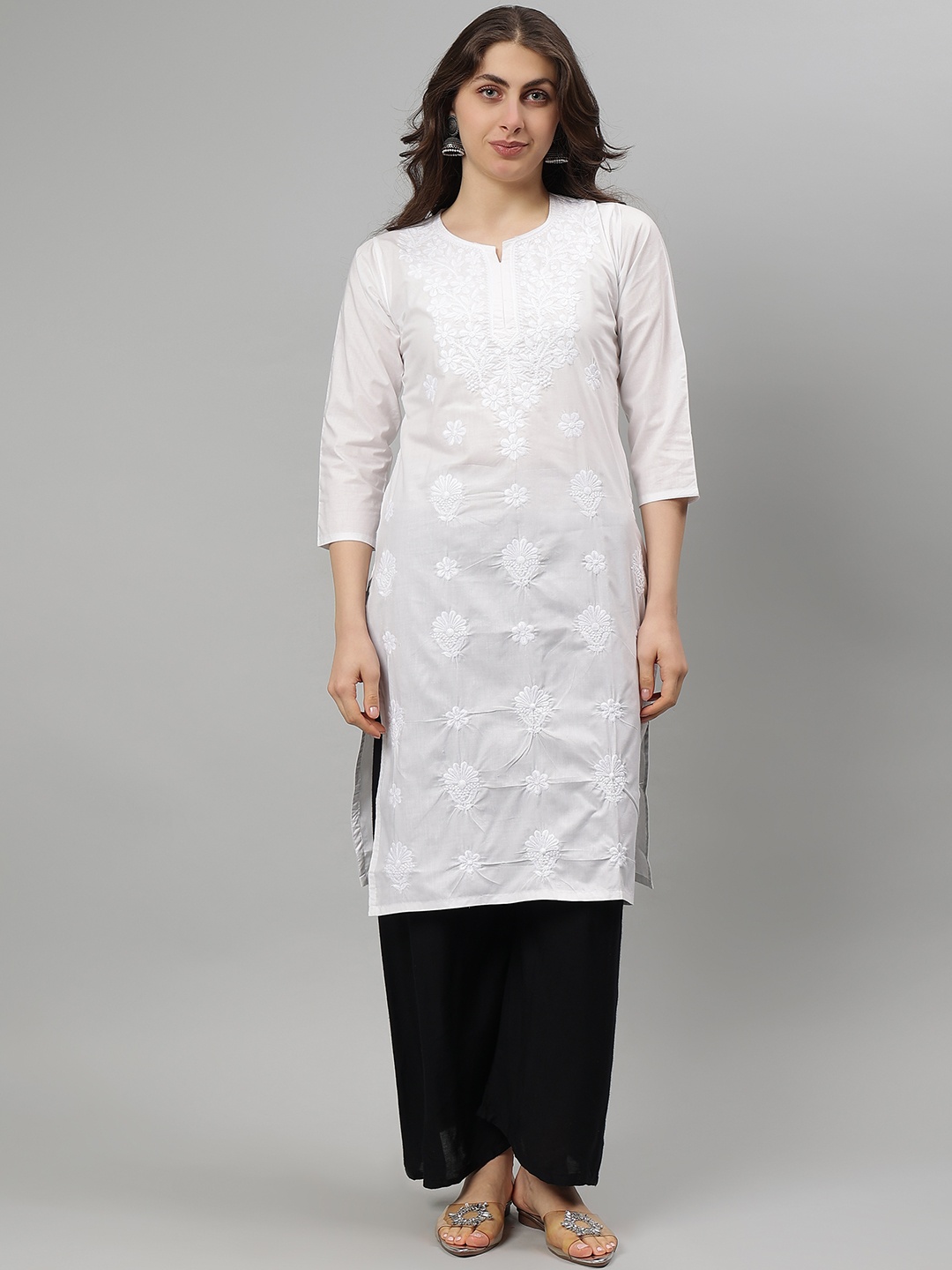 

Seva Chikan Floral Embroidered Notch Neck Lucknowi Chikankari Straight Kurta, White
