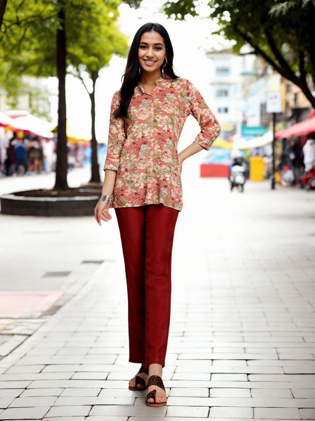 

Moda Rapido Floral Printed Shirt with Trousers, Coral
