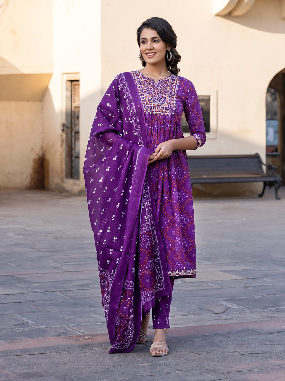 

KALINI Women Bandhani Embroidered Regular Pure Cotton Kurta with Trousers & With Dupatta, Magenta