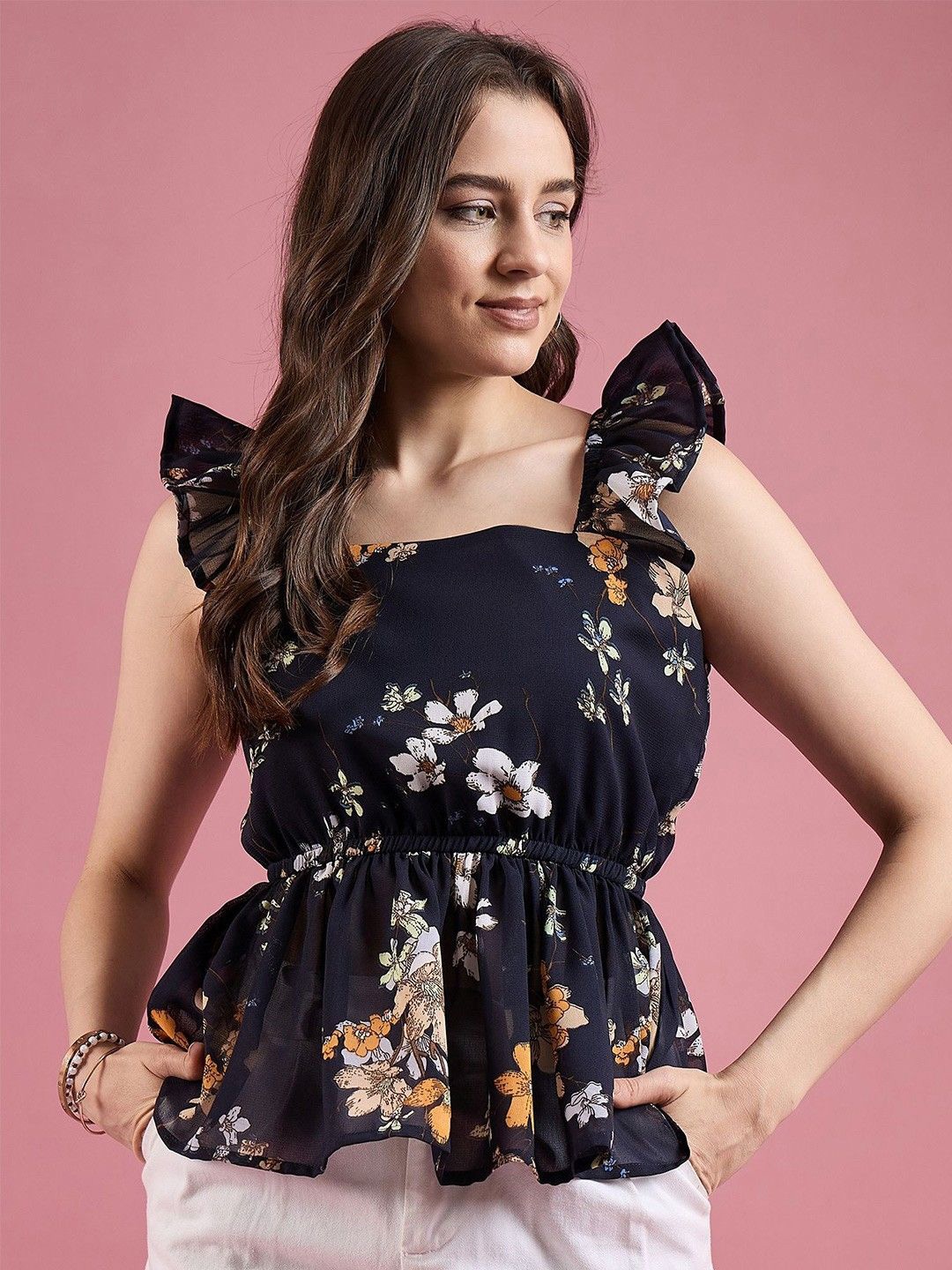 

Raiyani Fashion Floral Print Flutter Sleeve Applique Crepe Crop Top, Gold