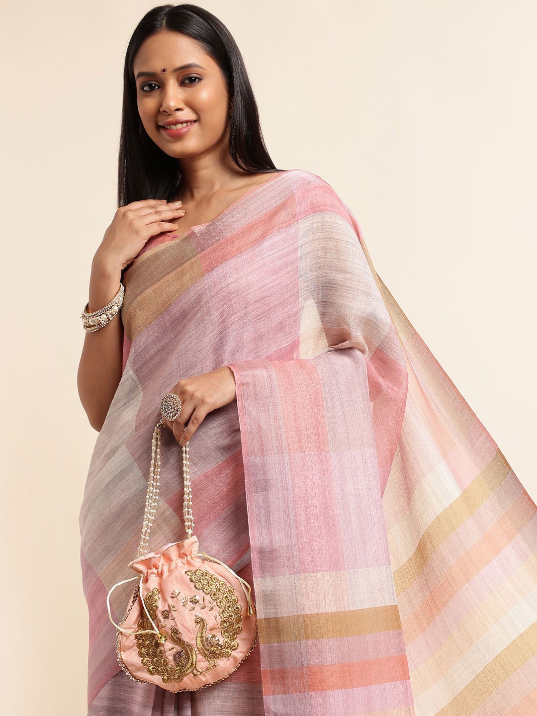

DIVASTRI Striped Zari Pure Linen Chettinad Saree, Pink