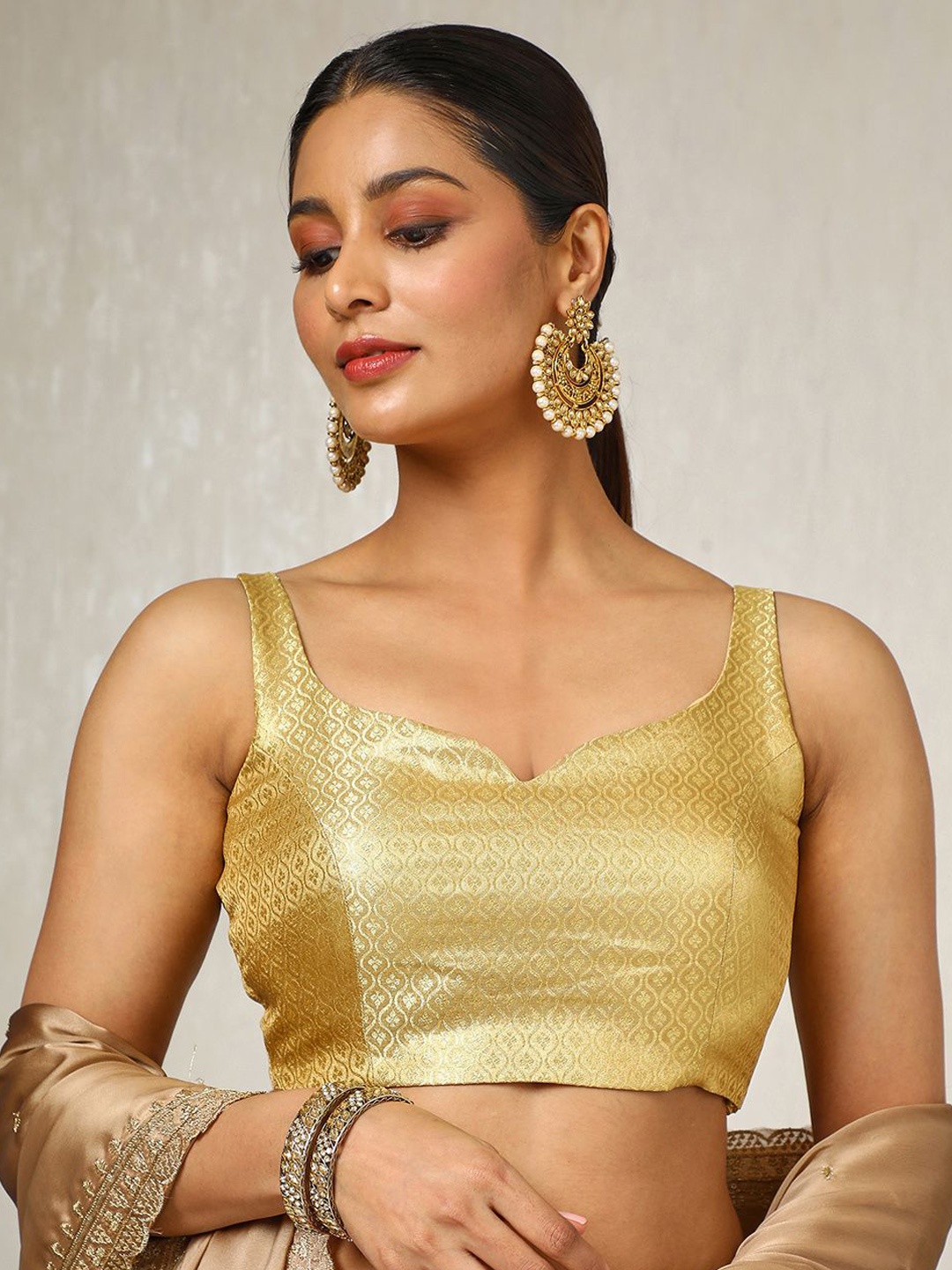 

Soch Woven-Designed Tussar Zari Sleeveless Saree Blouse, Gold