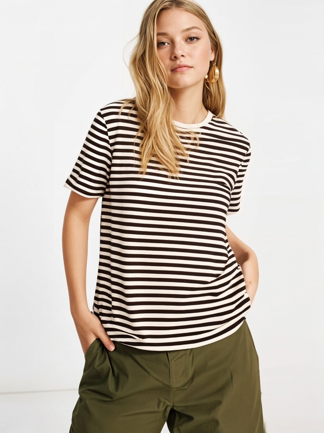 

DressBerry Women Striped Cut Outs T-shirt, Brown