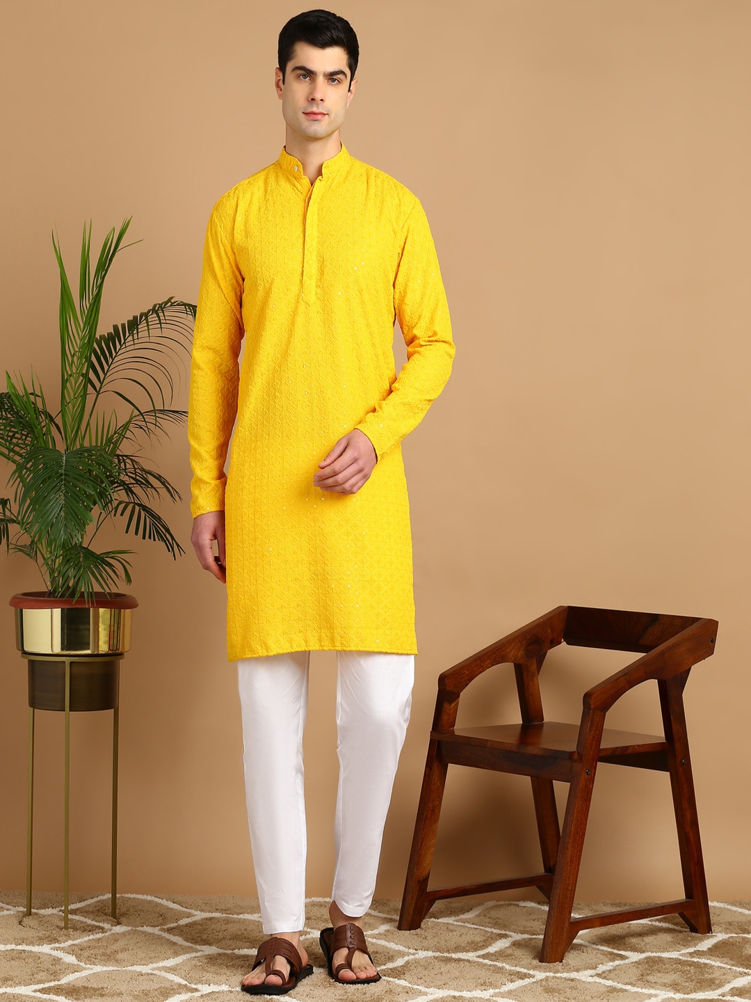 

PulseIQ Men Embroidered Regular Kurta with Pyjamas, Yellow