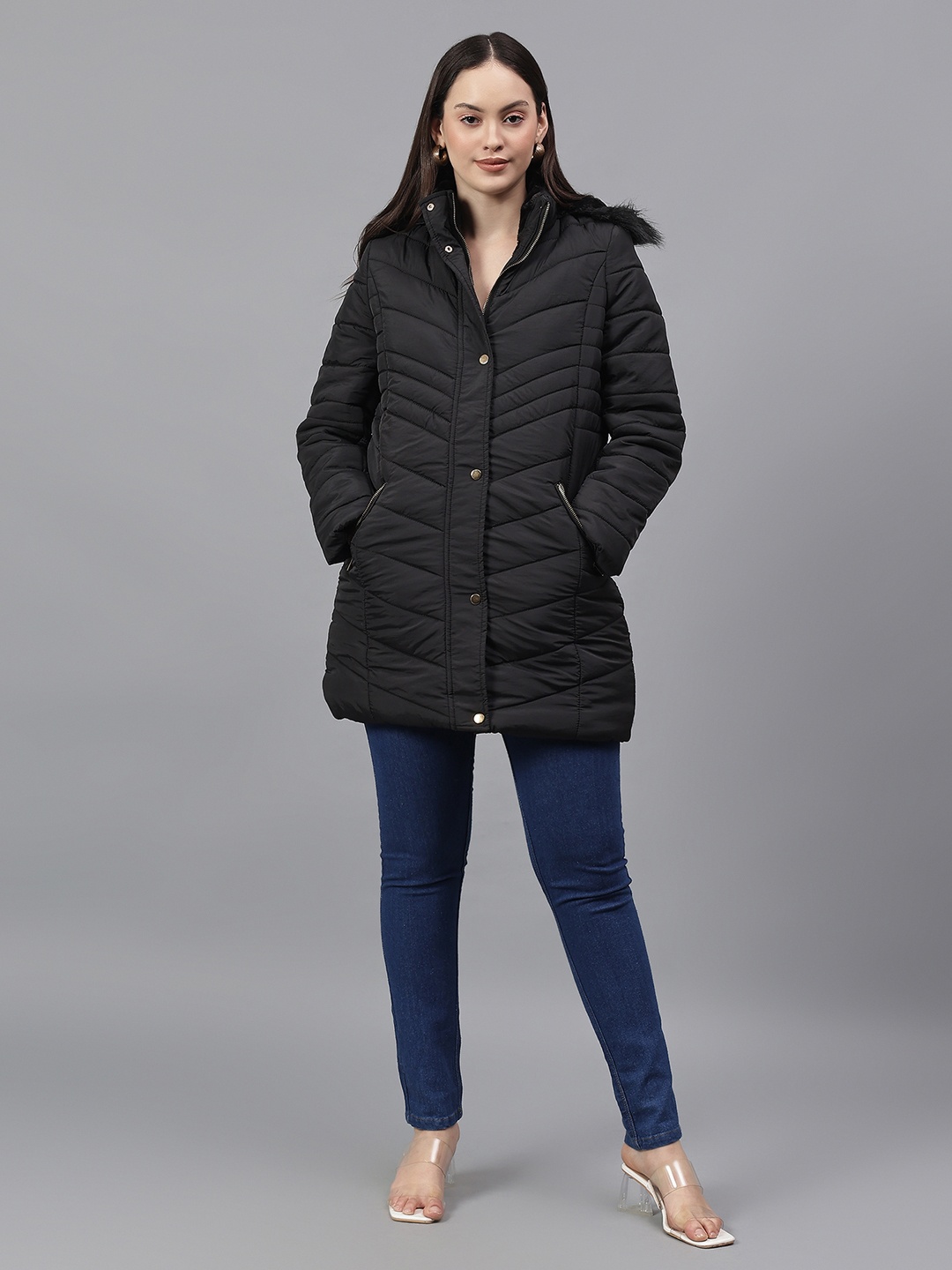 

Cantabil Women Nylon Longline Puffer Jacket, Black