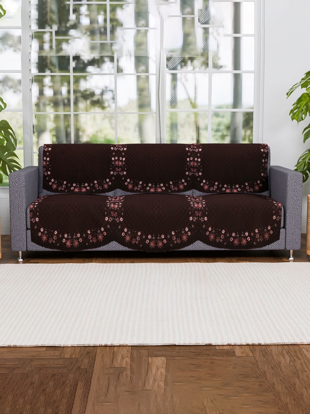 

Aura Brown & Pink 6 Pieces Self Design Velvet 3 Seater Sofa Cover