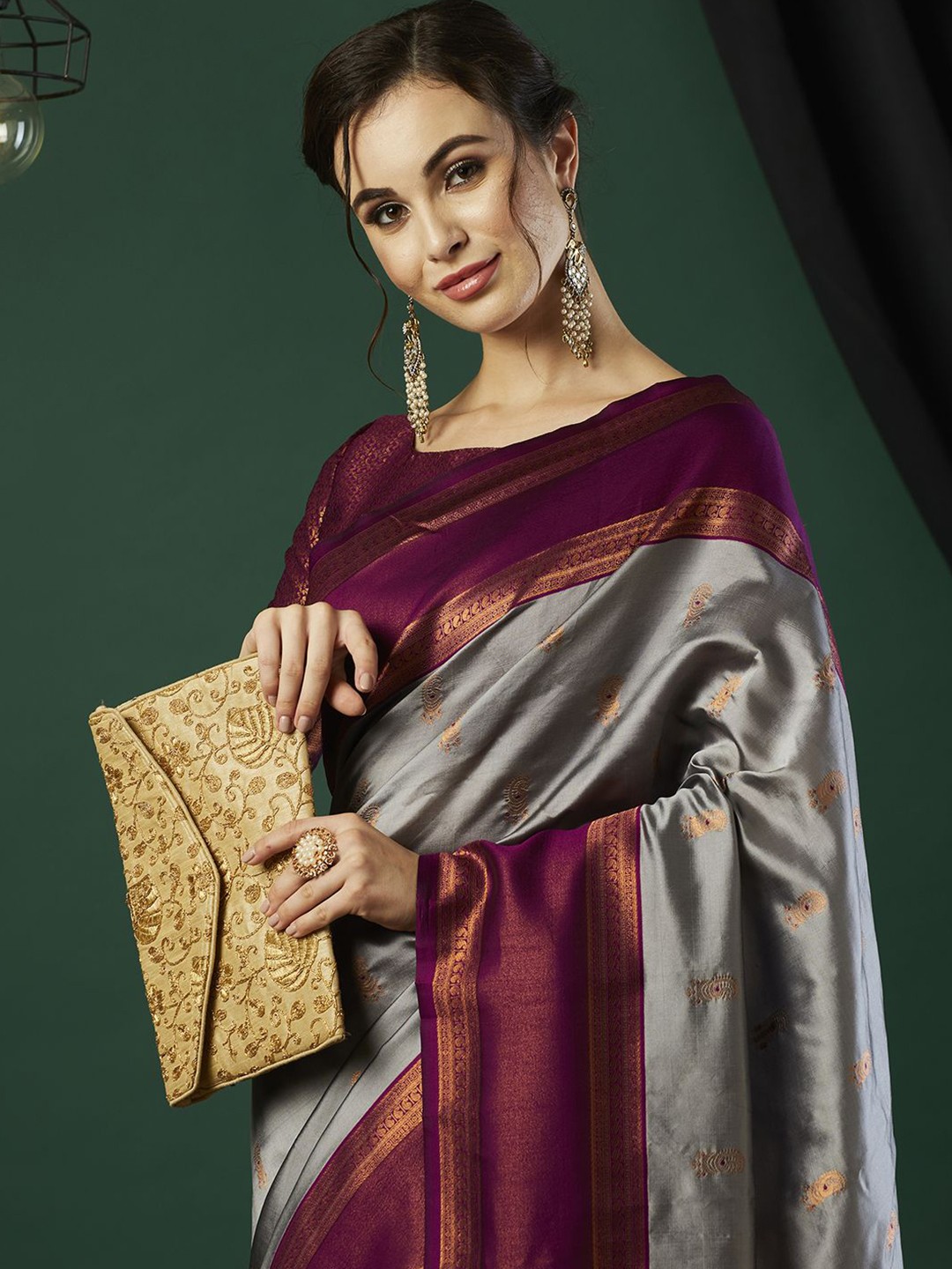 

Pashmina Ethnic Motifs Zari Pure Silk Banarasi Saree, Grey