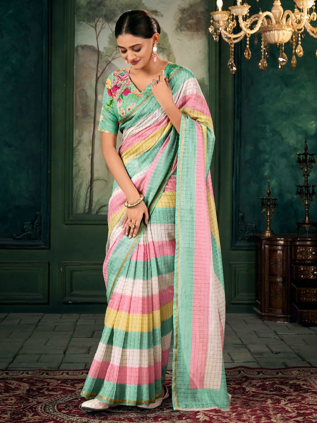 

DIVASTRI Checked Zari Linen Blend Chanderi Saree, Green