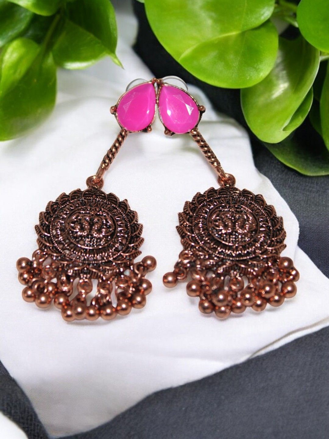 

Jolly Faces Stone Studded Beaded Copper Contemporary Shaped Drop Earrings