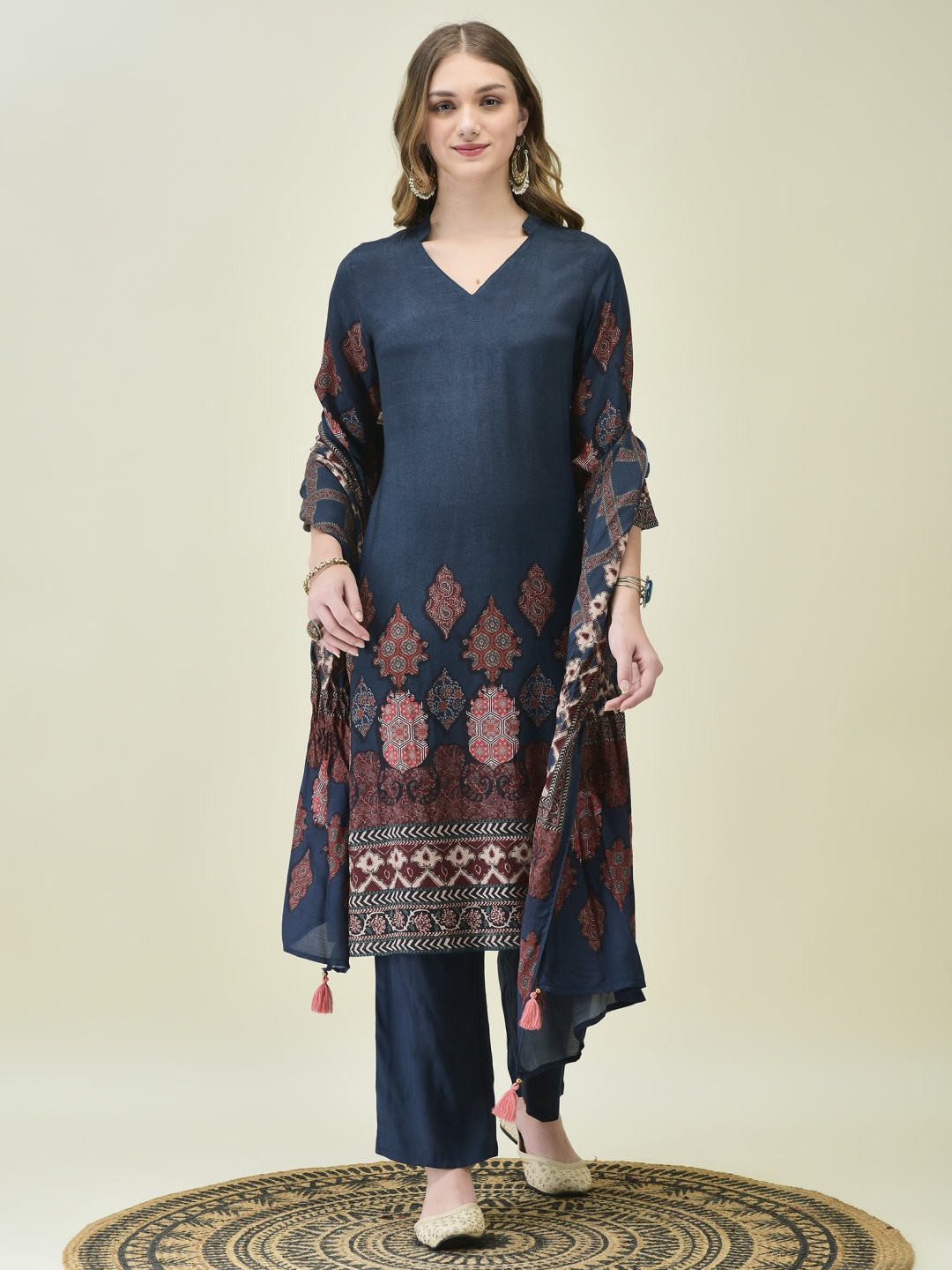 

Shree Women Printed Regular Liva Kurta with Trousers & With Dupatta, Blue